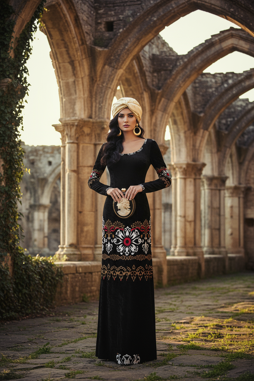 Dark Grey Floral Women’s Velvet Shine Maxi Dress – Long Sleeve Elegant Evening Gown XS-6XL worn by model at historic stone archway