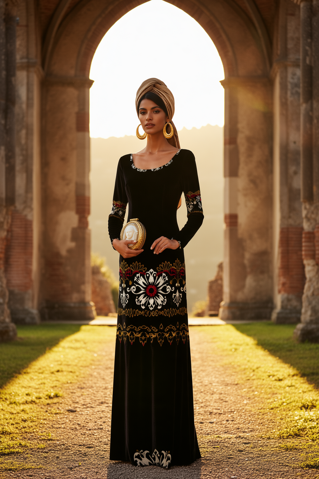 Dark Grey Floral Women’s Velvet Shine Maxi Dress – Long Sleeve Elegant Evening Gown XS-6XL worn by model outdoors