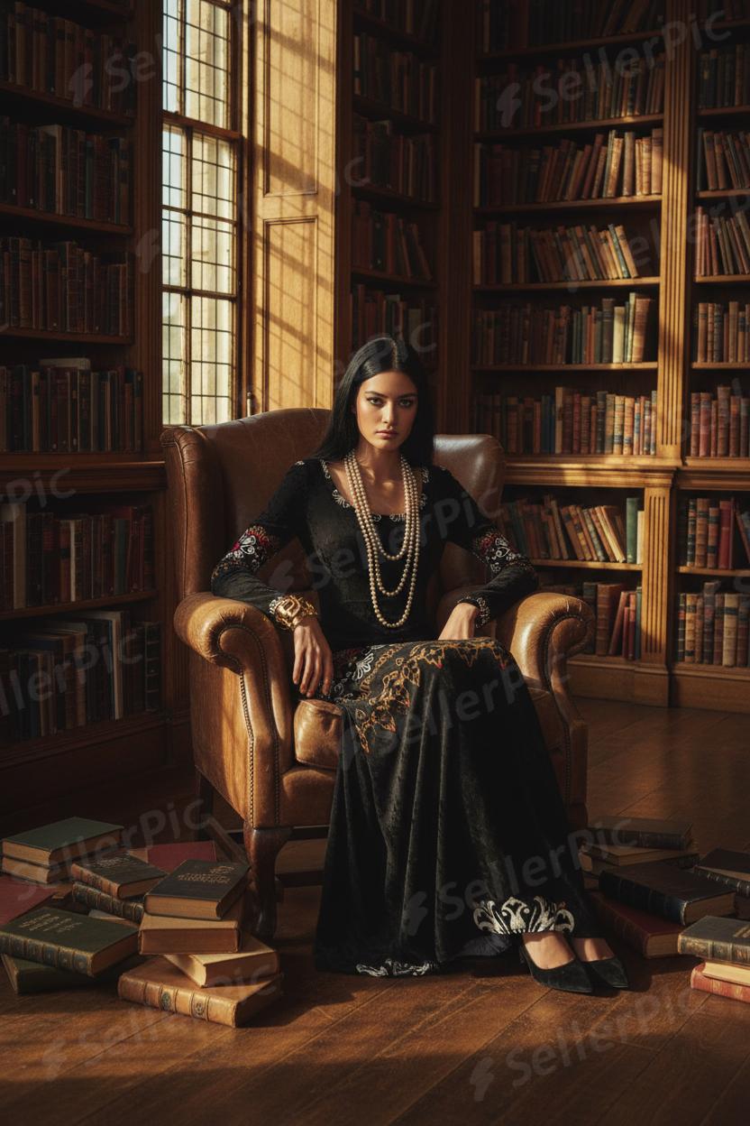 Woman wearing black velvet maxi dress with floral embroidery sitting in leather armchair in library