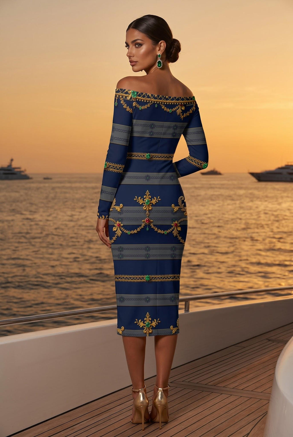 Deep Navy Gold Ornaments Baroque Bodycon Midi Dress Women S–6XL elegant evening outfit fashion
