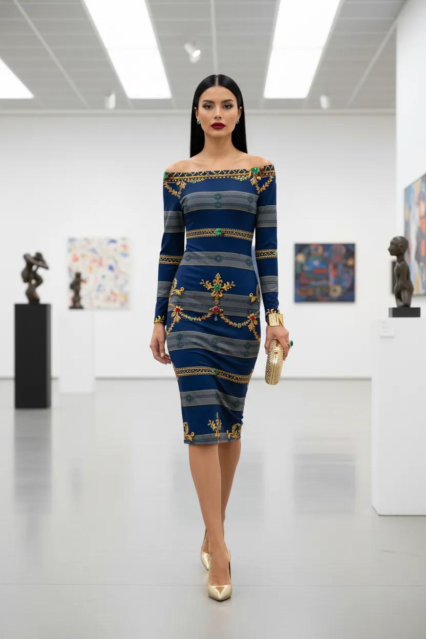 Deep Navy Gold Ornaments Baroque Bodycon Midi Dress elegant evening outfit stylish look