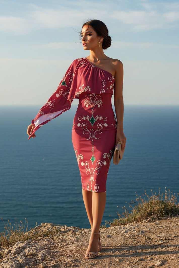 Deep Rose- Baroque Evening One Shoulder and bodycon dress elegant outfit for special occasions