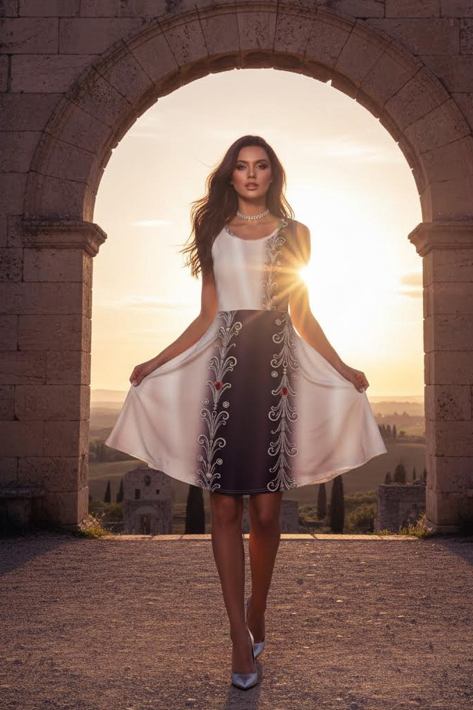 White and black a line dress with floral embroidery silhouette by Angelic Blessing Co