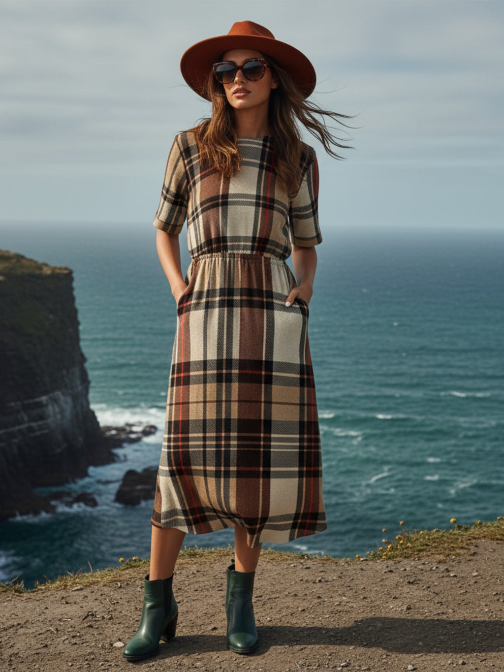 Close-up fabric detail of Dromberg Tartan dress – soft breathable polyester-spandex blend