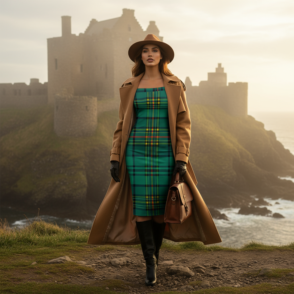 Model wearing Dunnotar Tartan off shoulder dress with camel trench coat and hat by seaside castle