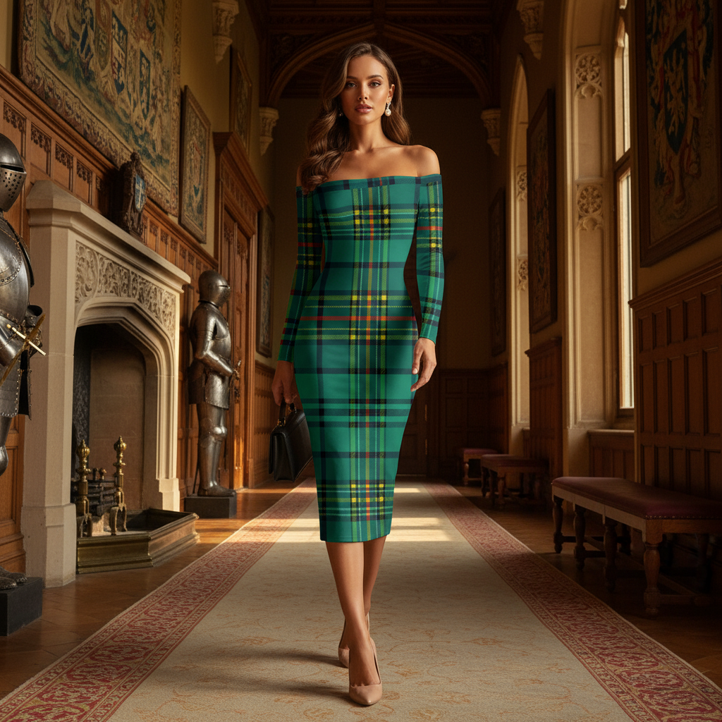 Model wearing Dunnotar Tartan off shoulder dress in traditional green tartan pattern in elegant historic hallway