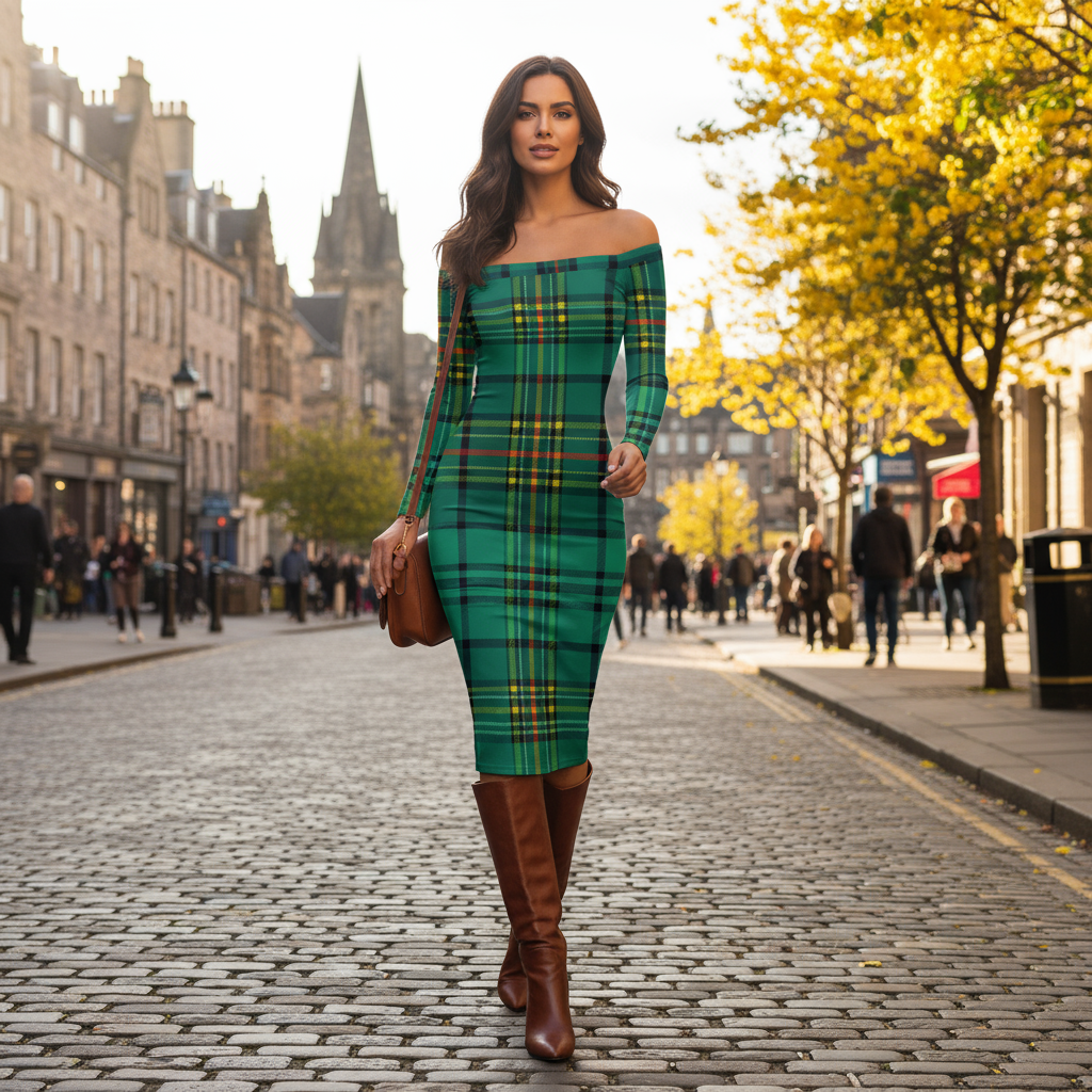 Woman wearing Dunnotar Tartan off shoulder dress by Angelic Blessings Shop walking on a cobblestone street