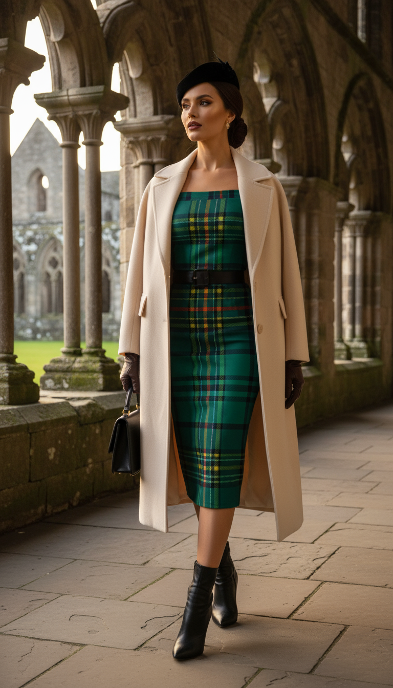 Woman wearing Dunnotar Tartan off shoulder dress with beige coat and black accessories walking in stone archway