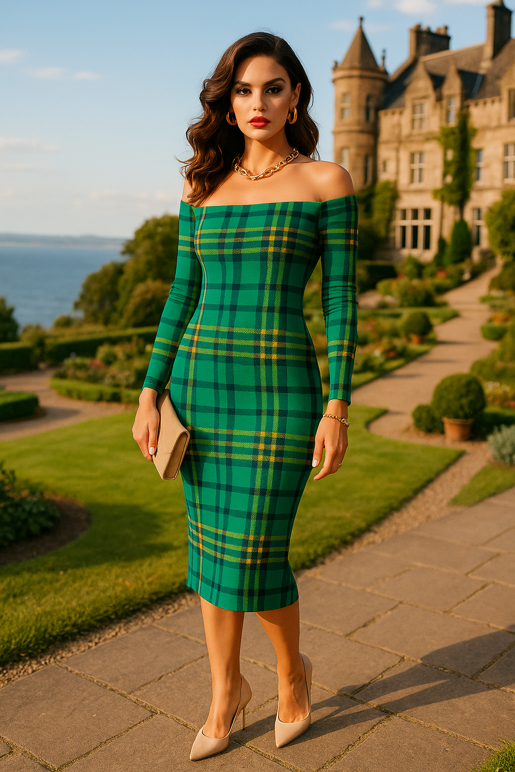 Dunnotar Tartan off shoulder dress by Angelic Blessings Shop in green tartan with long sleeves and fitted silhouette
