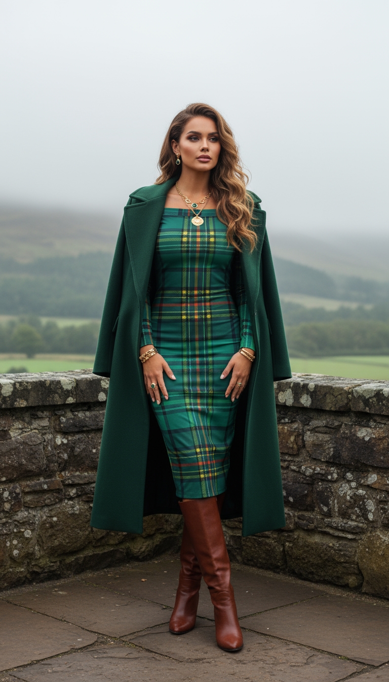 Woman wearing Dunnotar Tartan off shoulder dress paired with a green coat and brown boots outdoors