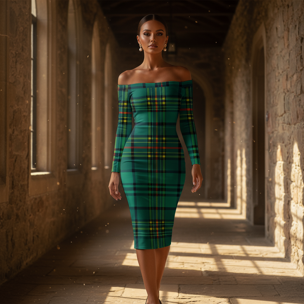 Woman wearing Dunnotar Tartan off shoulder dress in green and yellow plaid by Angelic Blessings Shop