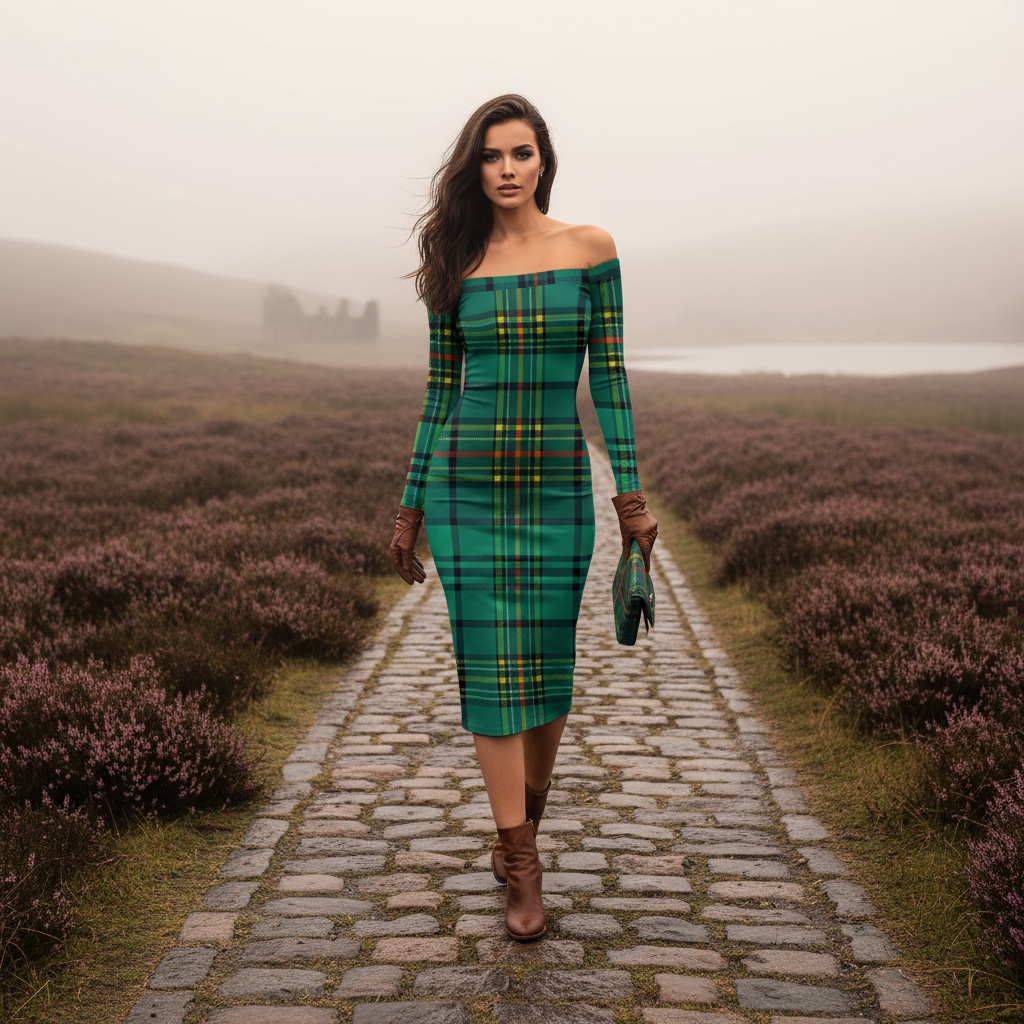 Model wearing Dunnotar Tartan off shoulder dress by Angelic Blessings Shop on a cobblestone path in scenic countryside