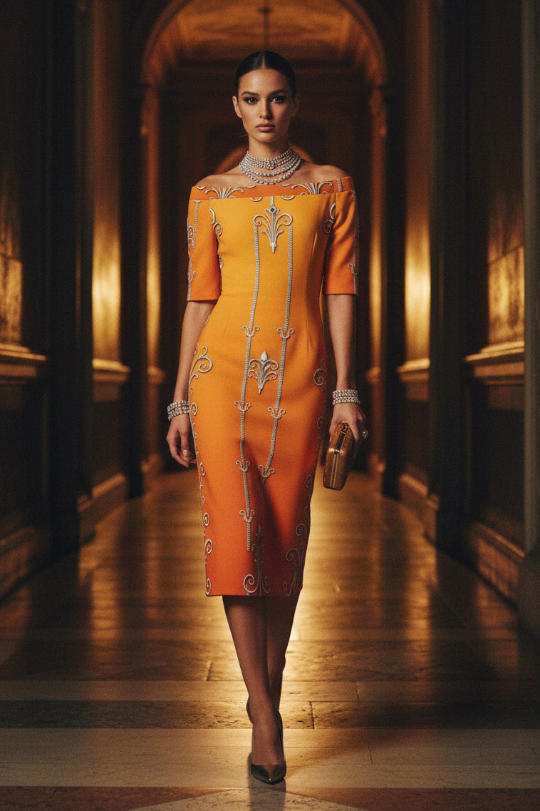 Dusty Orange Off The Shoulder Spring Midi Dress S-6XL elegant evening outfit with detailed embroidery