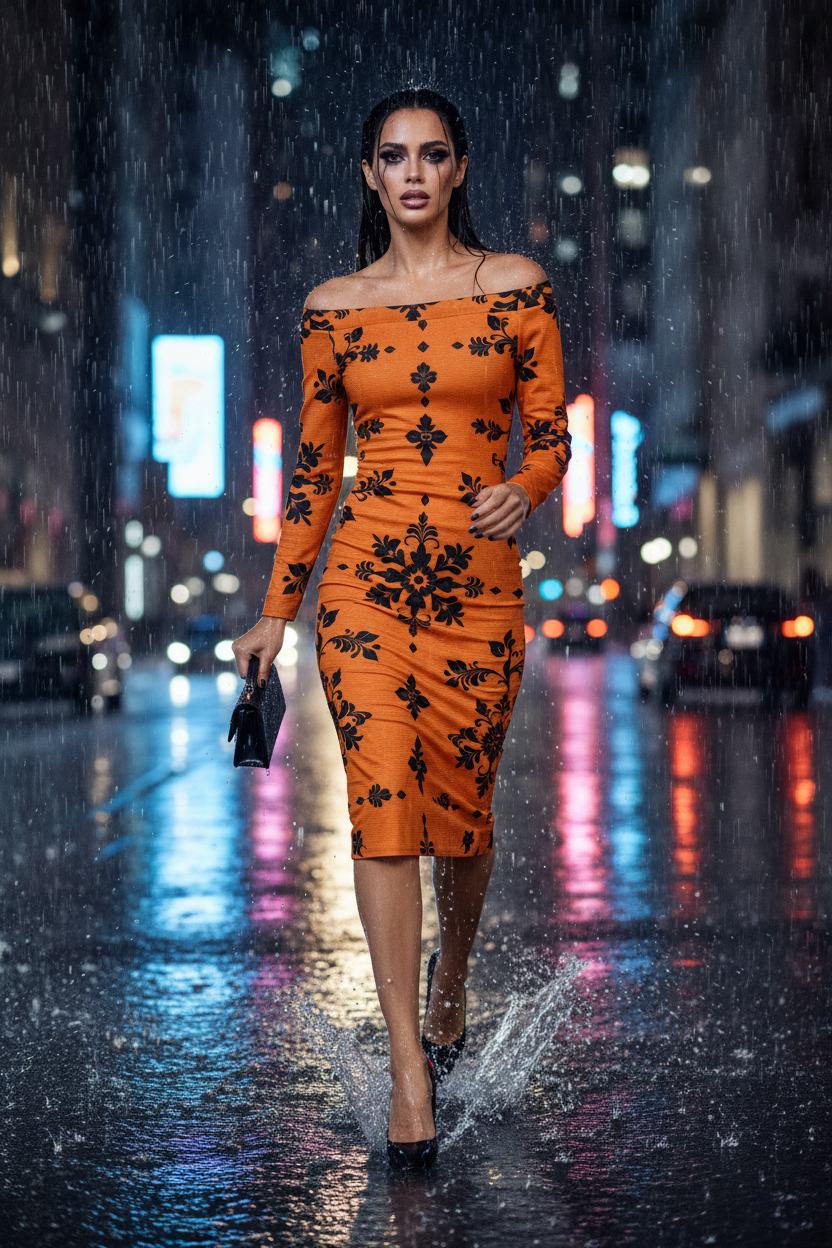 Dusty Orange Black Floral Bodycon Dress Elegant Evening Outfit Stylish Fashion