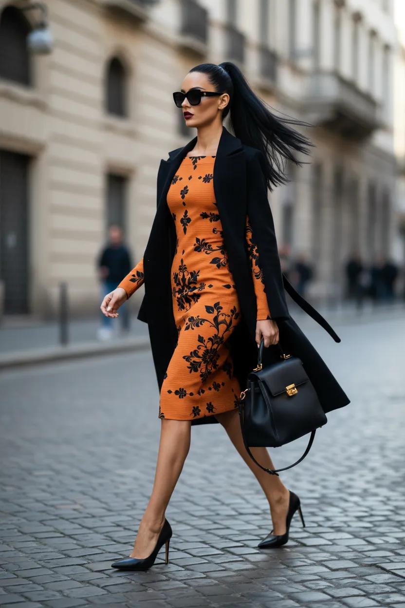 Dusty Orange Black Floral bodycon dress Elegant Evening Outfit with Black Coat