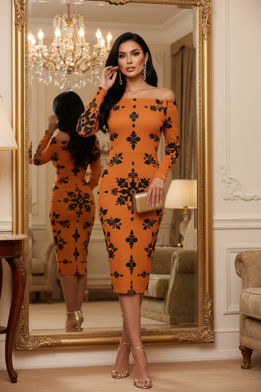 Dusty Orange Black Floral bodycon dress Elegant Evening Outfit Stylish Fit