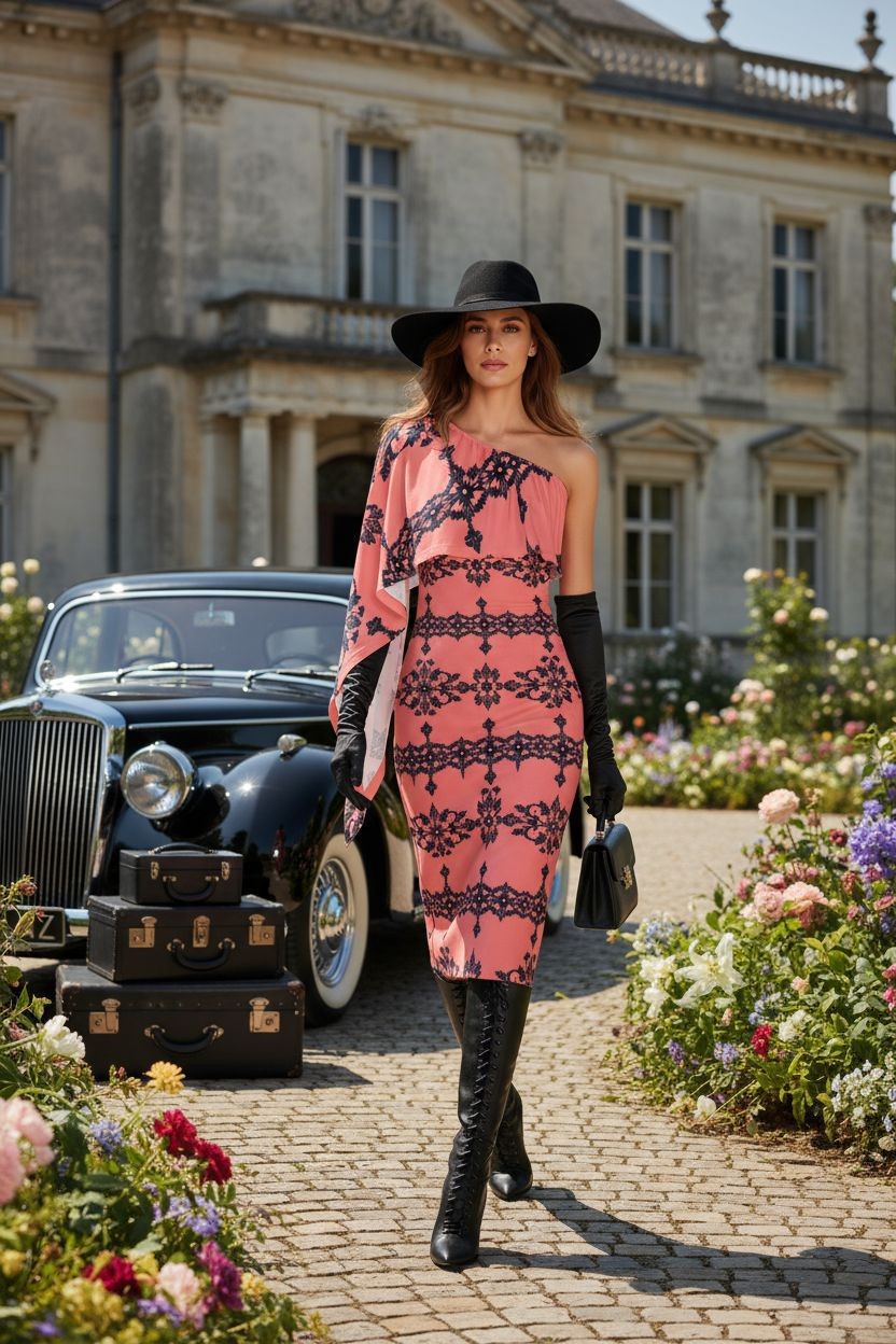 Dusty rose baroque one-shoulder dress styled in vintage fashion shoot with luxury accessories and black boots.
Baroque Fashion, Old Money Wardrobe, Romantic Elegance, Evening Outfit