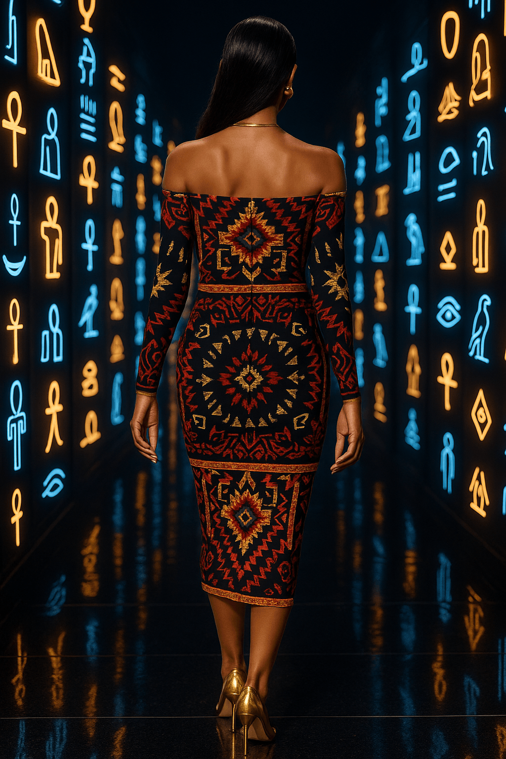 Back view of woman wearing Egyptian goddess bodycon dress with colorful tribal patterns and off-shoulder design