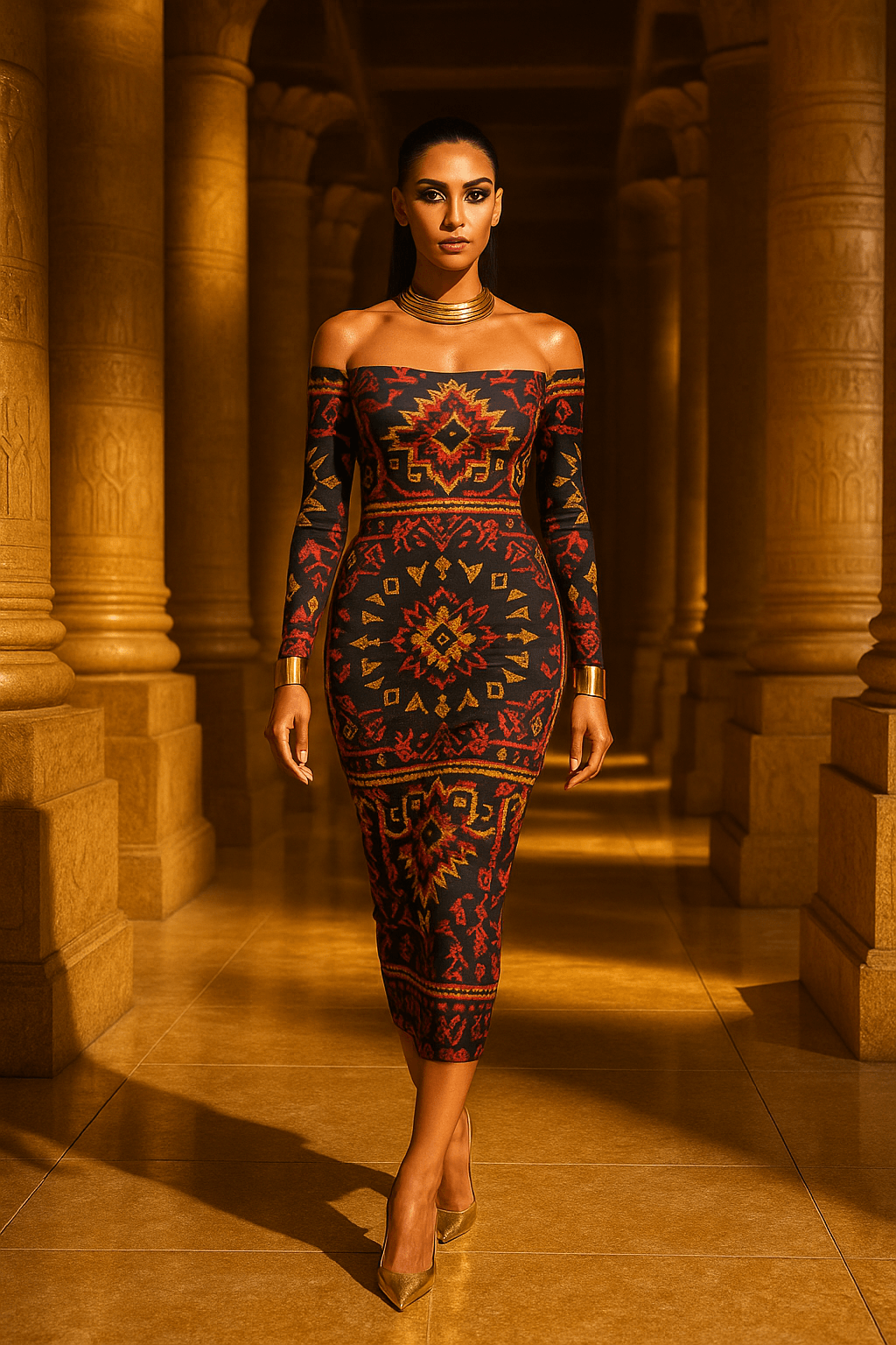 Elegant Egyptian goddess bodycon dress with geometric patterns worn by model in a luxury evening setting