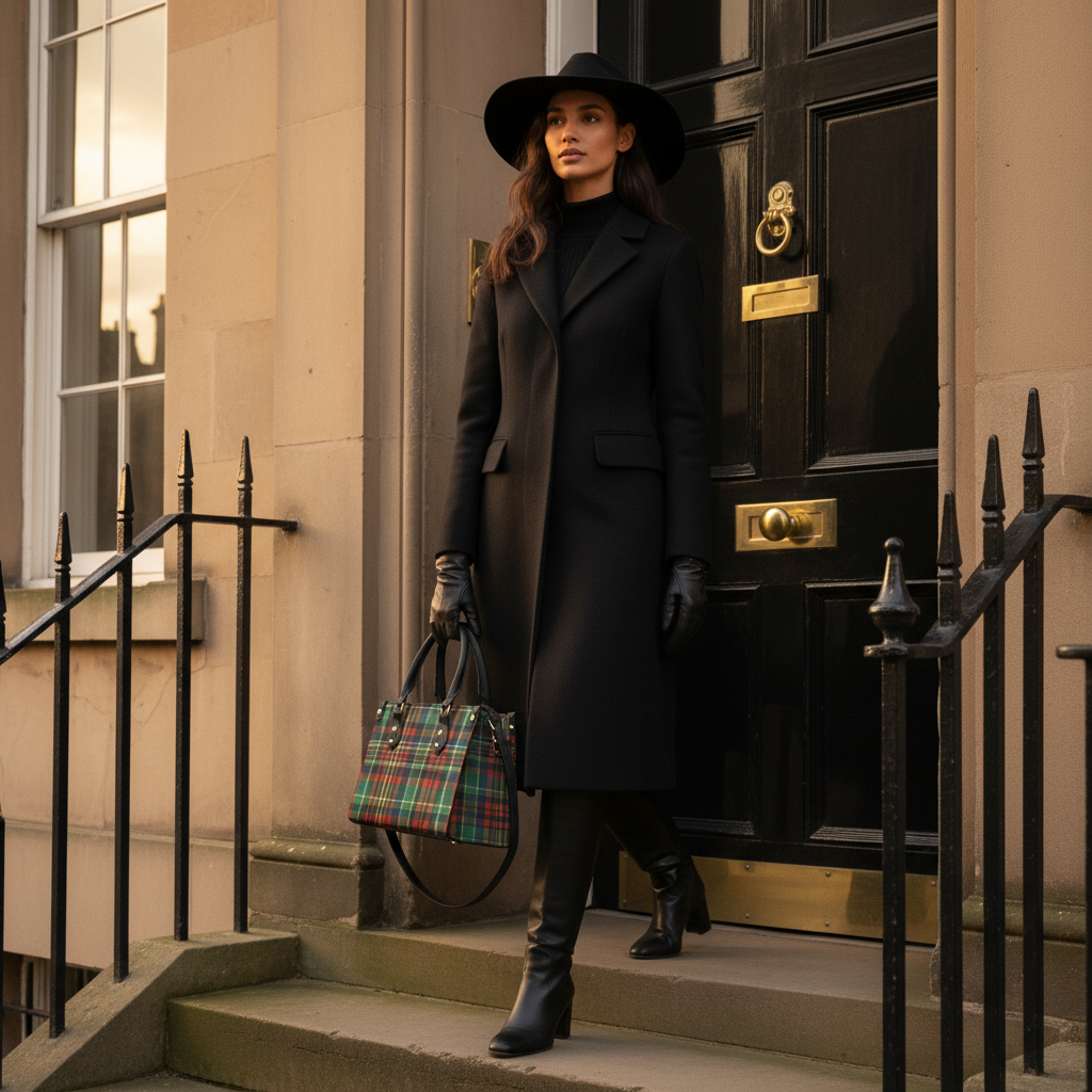 Woman carrying Eilean Donan Luxury Tartan Handbag Scottish Herritage Shoulder Bag Old money style in classic outfit