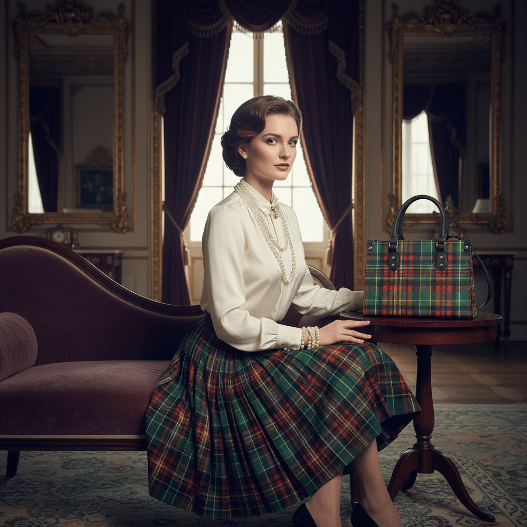 Eilean Donan Luxury Tartan Handbag Scottish Herritage Shoulder Bag Old money style on table next to woman in vintage outfit