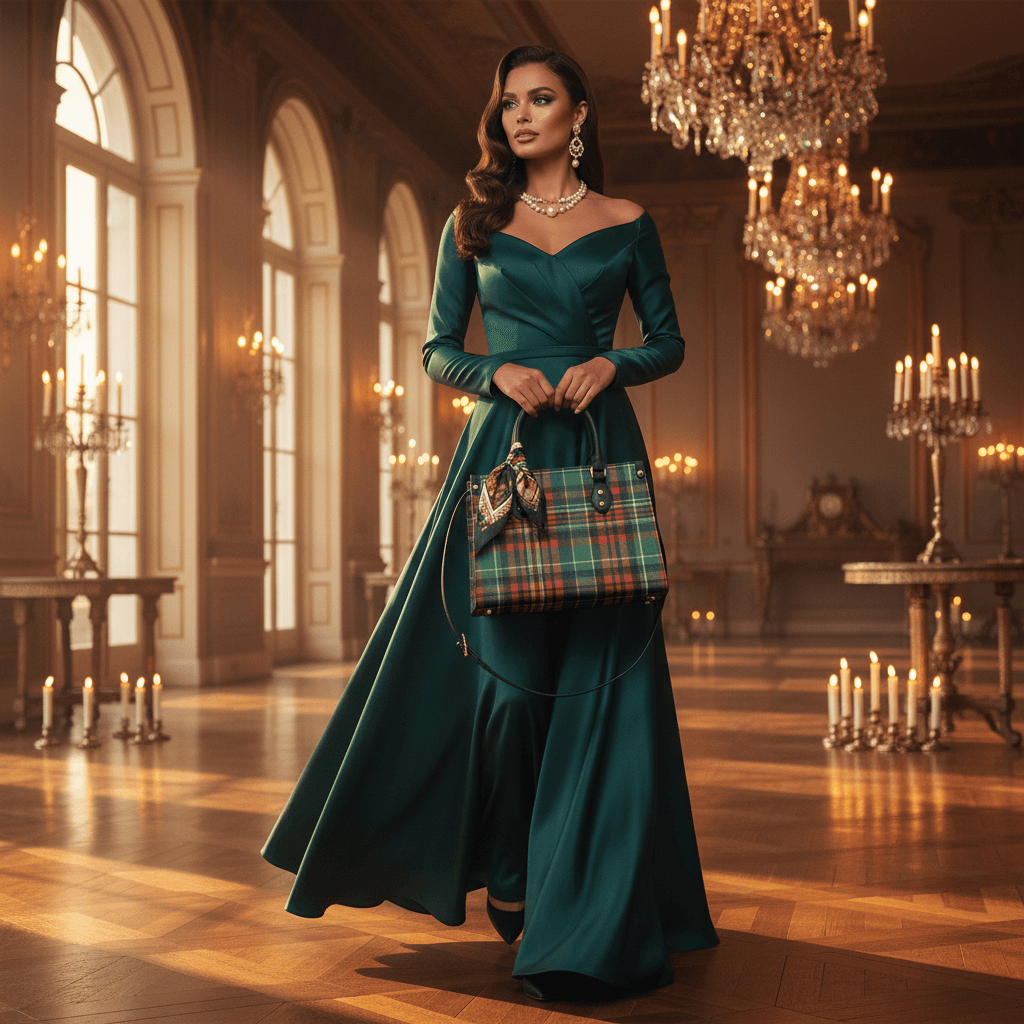 Elegant woman in green gown holding Eilean Donan Luxury Tartan Handbag Scottish Herritage Shoulder Bag Old money style