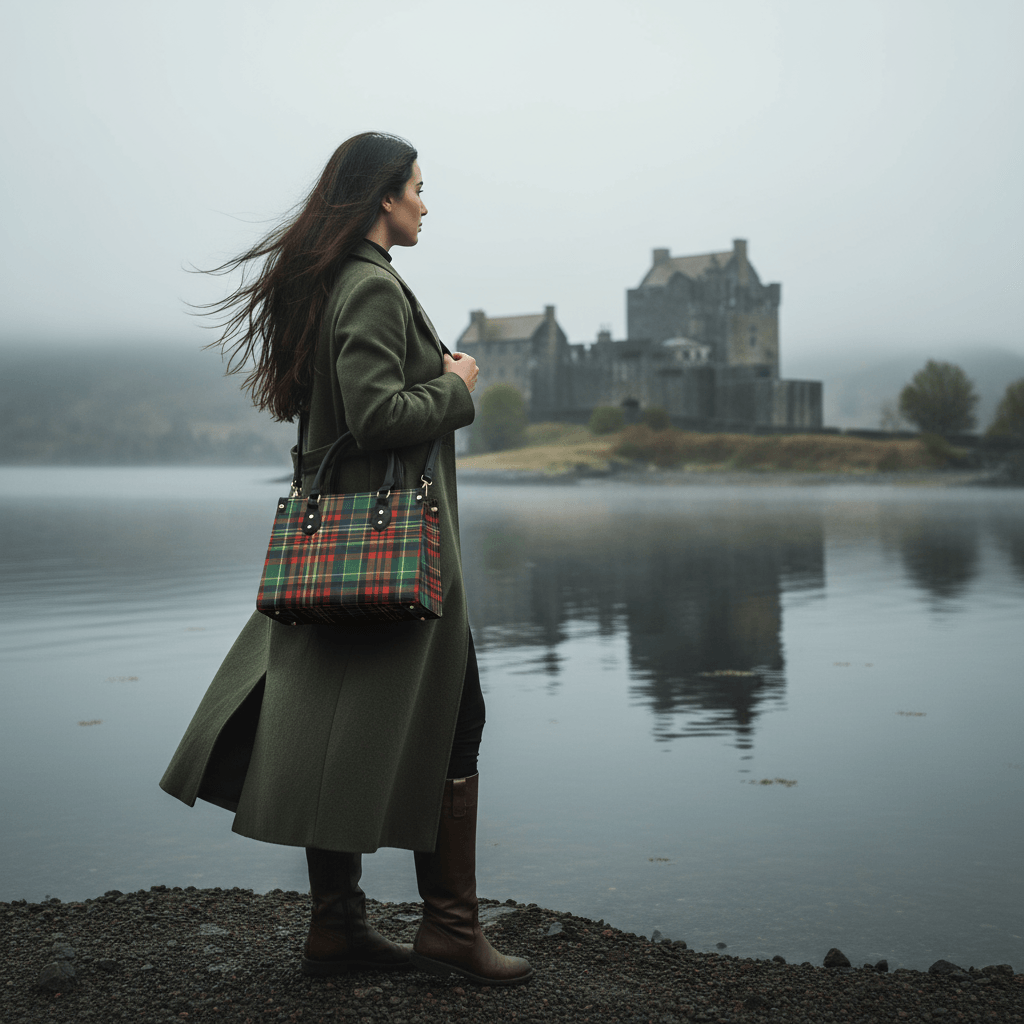 Woman standing by lake with castle in background carrying Eilean Donan Luxury Tartan Handbag Scottish Herritage Shoulder Bag Old money style