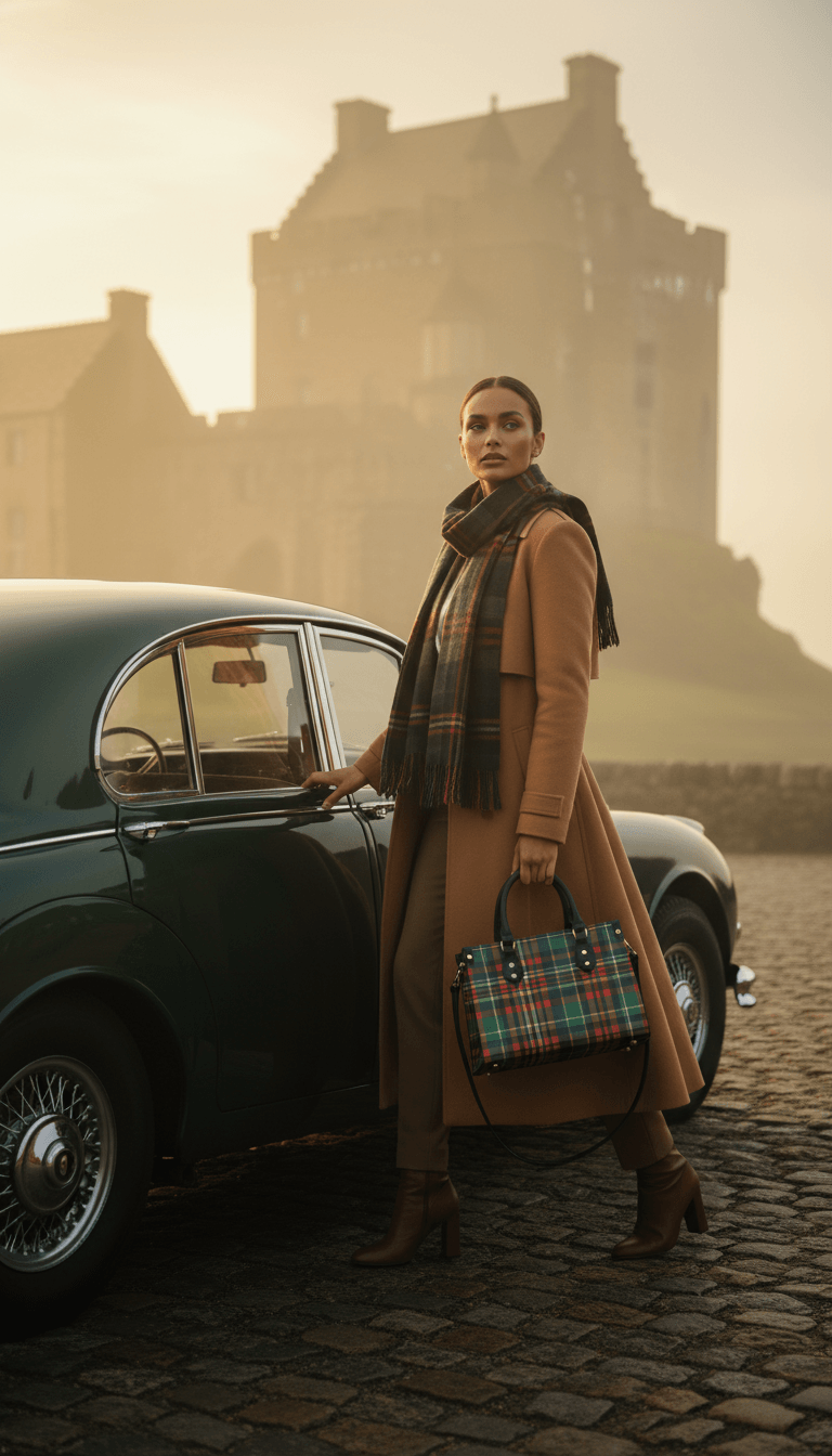 Woman holding Eilean Donan Luxury Tartan Handbag Scottish Herritage Shoulder Bag Old money style beside vintage car
