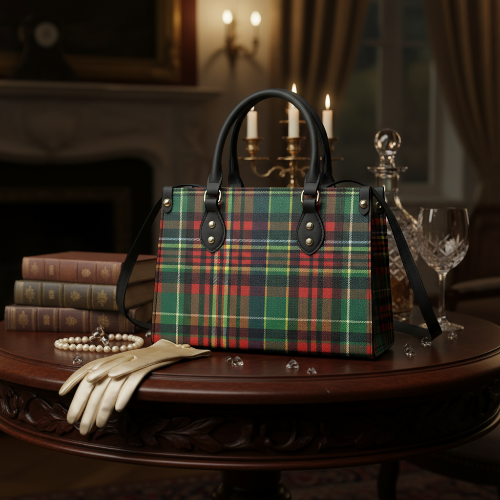 Eilean Donan Luxury Tartan Handbag Scottish Herritage Shoulder Bag Old money style displayed on wooden table with gloves and pearls