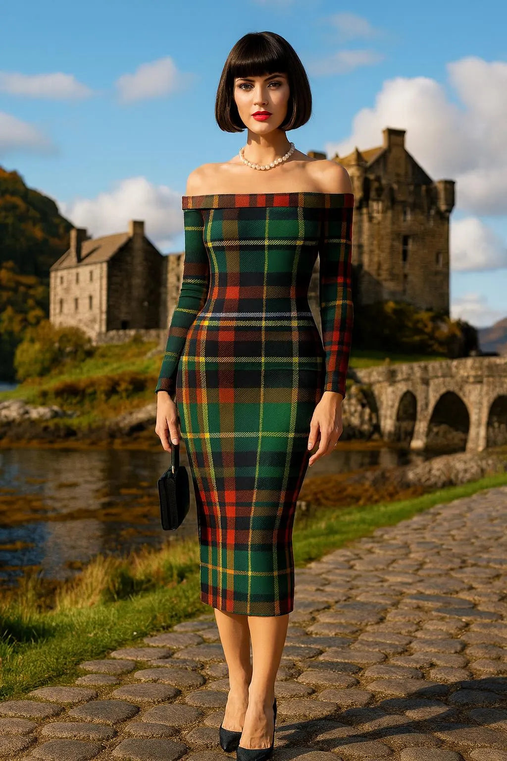 Eilean Donan tartan off-shoulder bodycon midi dress – Scottish heritage style