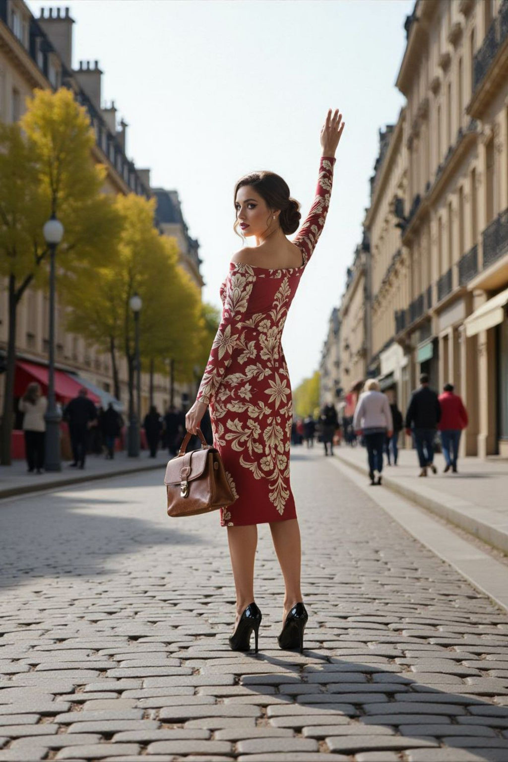 Elegant baroque bodycon dress in burgundy tone