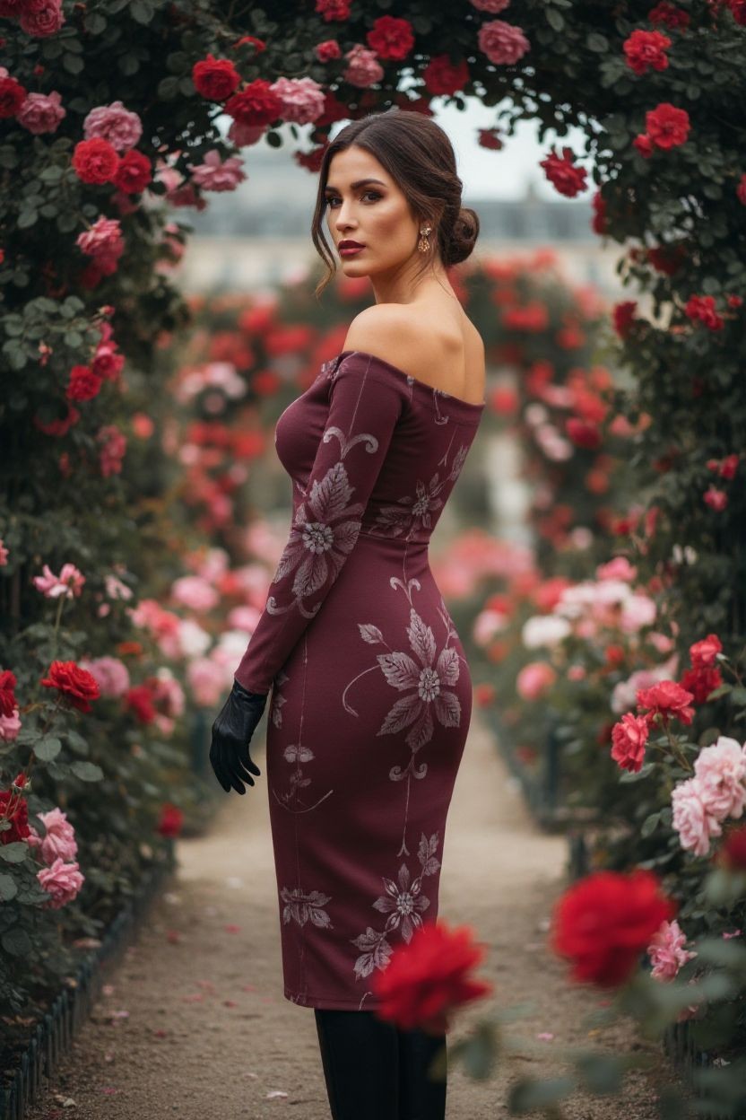 Elegant burgundy baroque midi dress with floral detailing