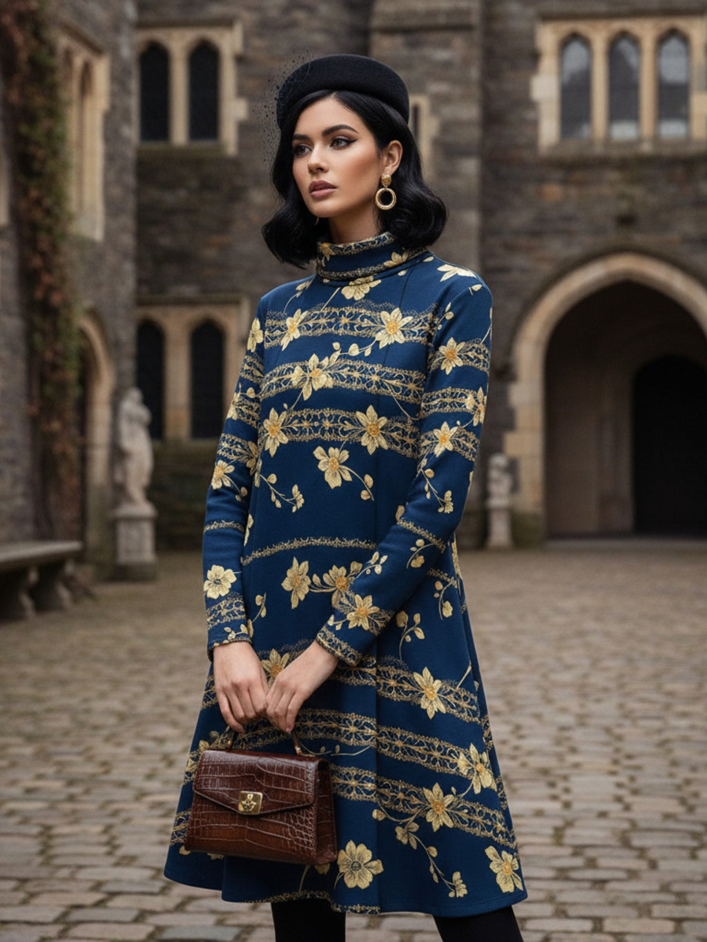 Navy blue floral high neck dress by Angelic Blessings Shop worn with black beret and brown handbag outdoors