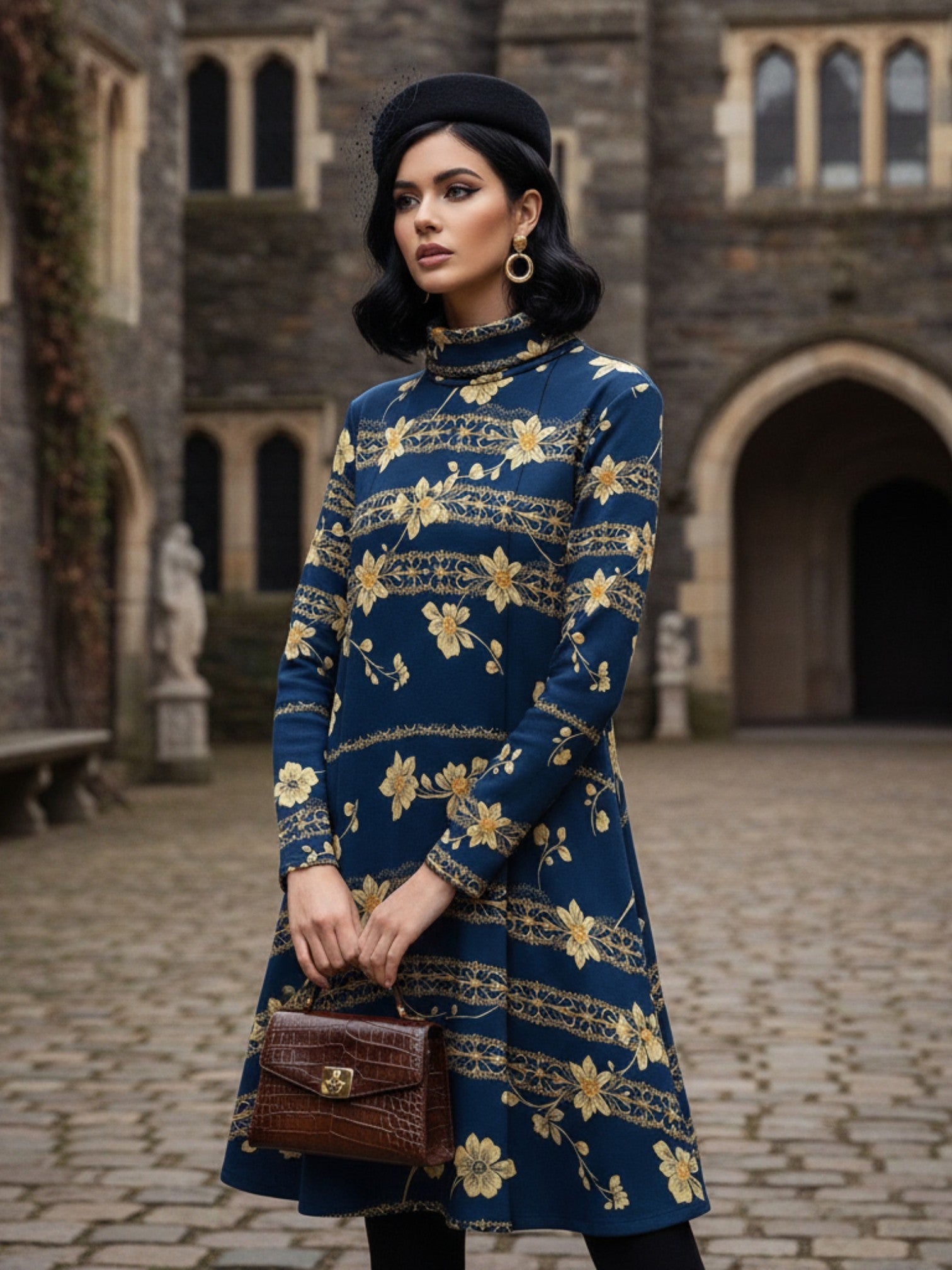 Navy blue floral high neck dress by Angelic Blessings Shop worn with black beret and brown handbag outdoors