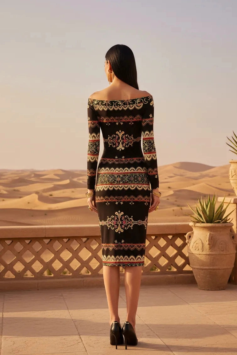 Angelic Blessings Shop elegant off-shoulder midi dress with long sleeves and intricate patterns in desert setting