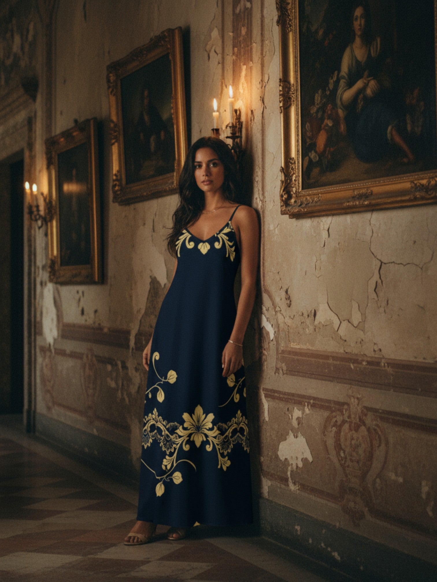 Woman wearing royal blue maxi dress for women with gold floral design standing in vintage hallway