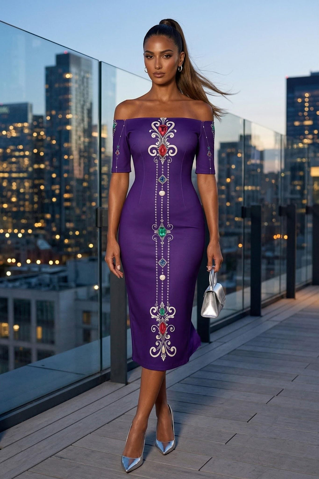 Elegant Royal Purple Baroque Off-Shoulder wrap dress Evening Outfit Stylish Formal Wear