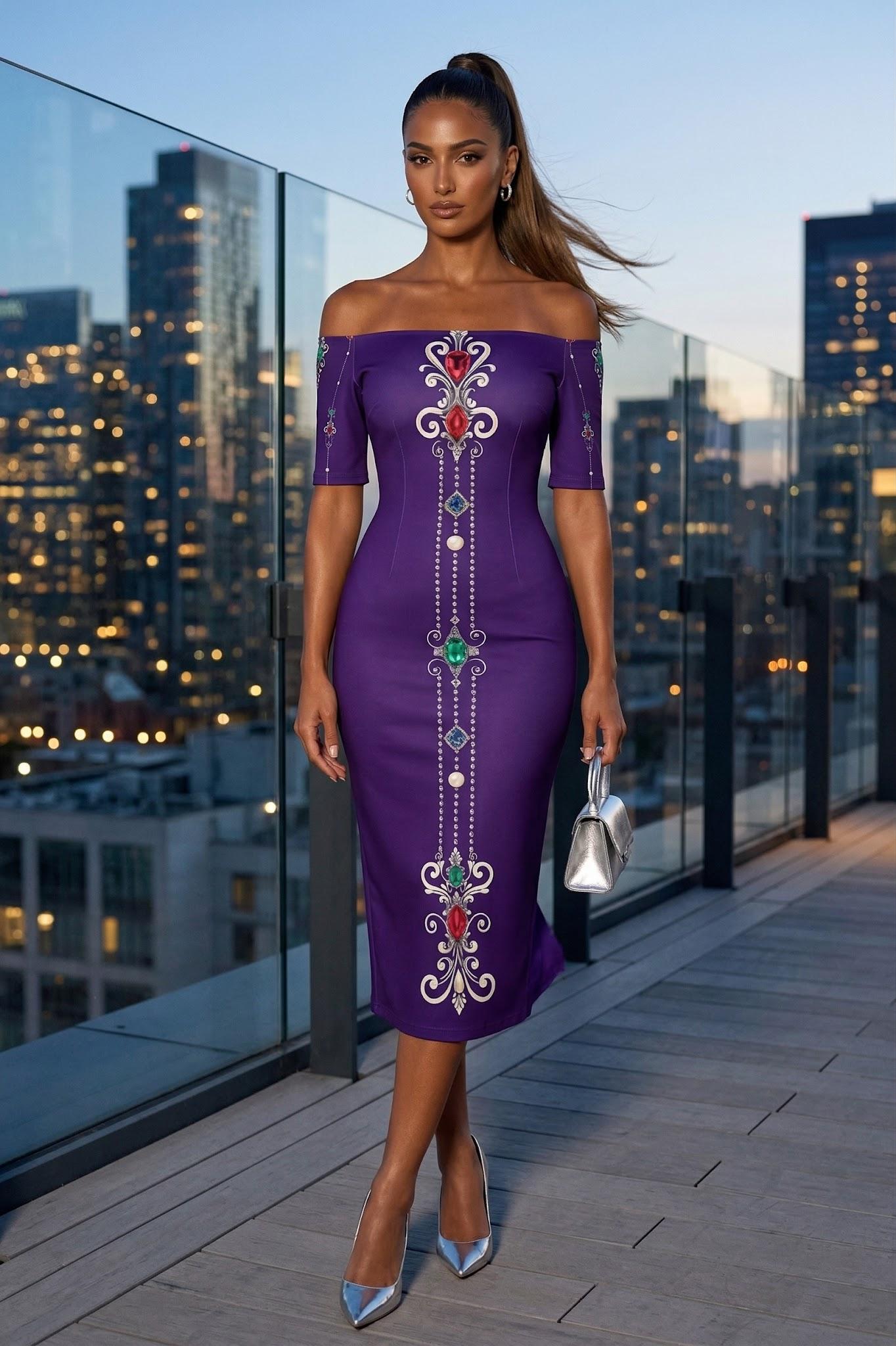 Elegant Royal Purple Baroque Off-Shoulder wrap dress Evening Outfit Stylish Formal Wear