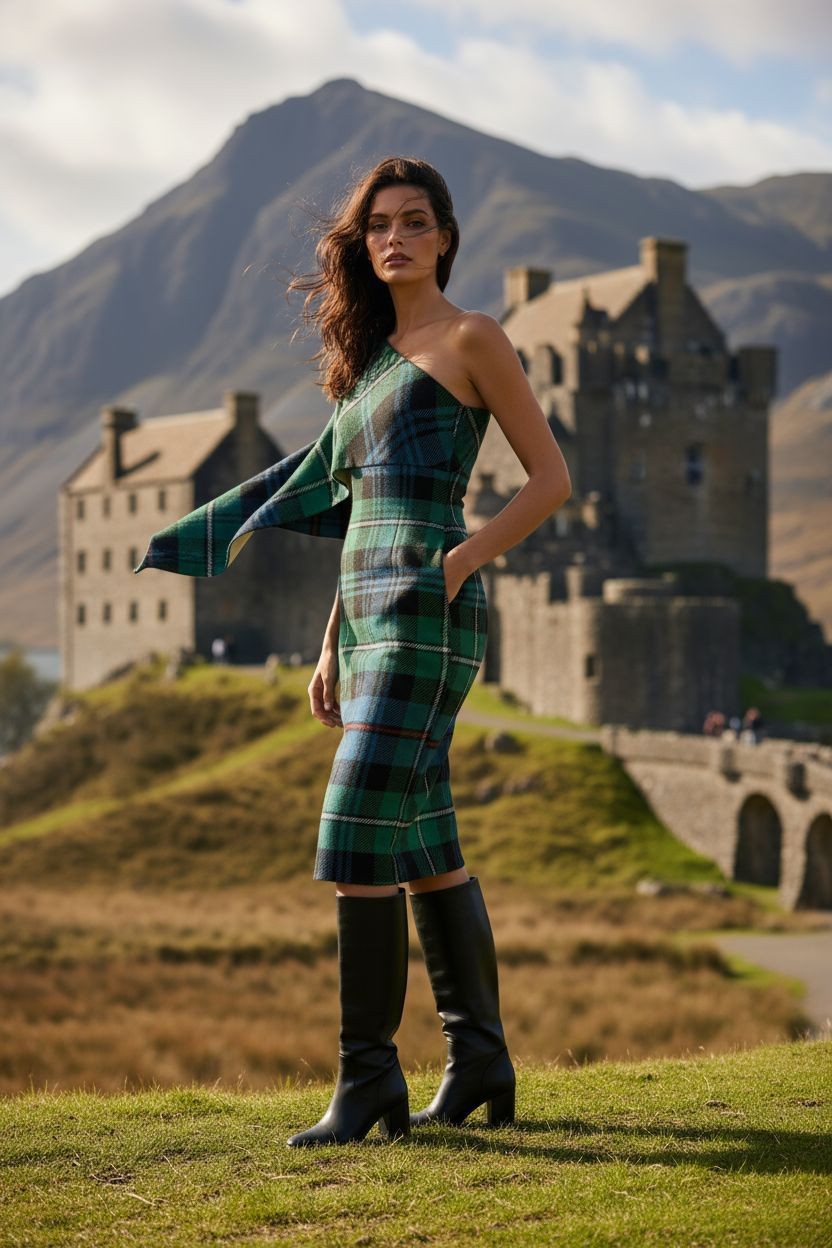 Elegant tartan formal midi dress with long sleeve