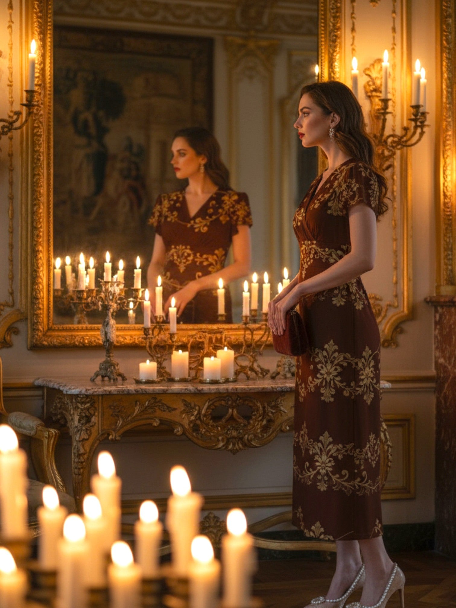 Elegant women's v-neck midi dress in brown with gold floral patterns worn by a woman in a candlelit vintage room
