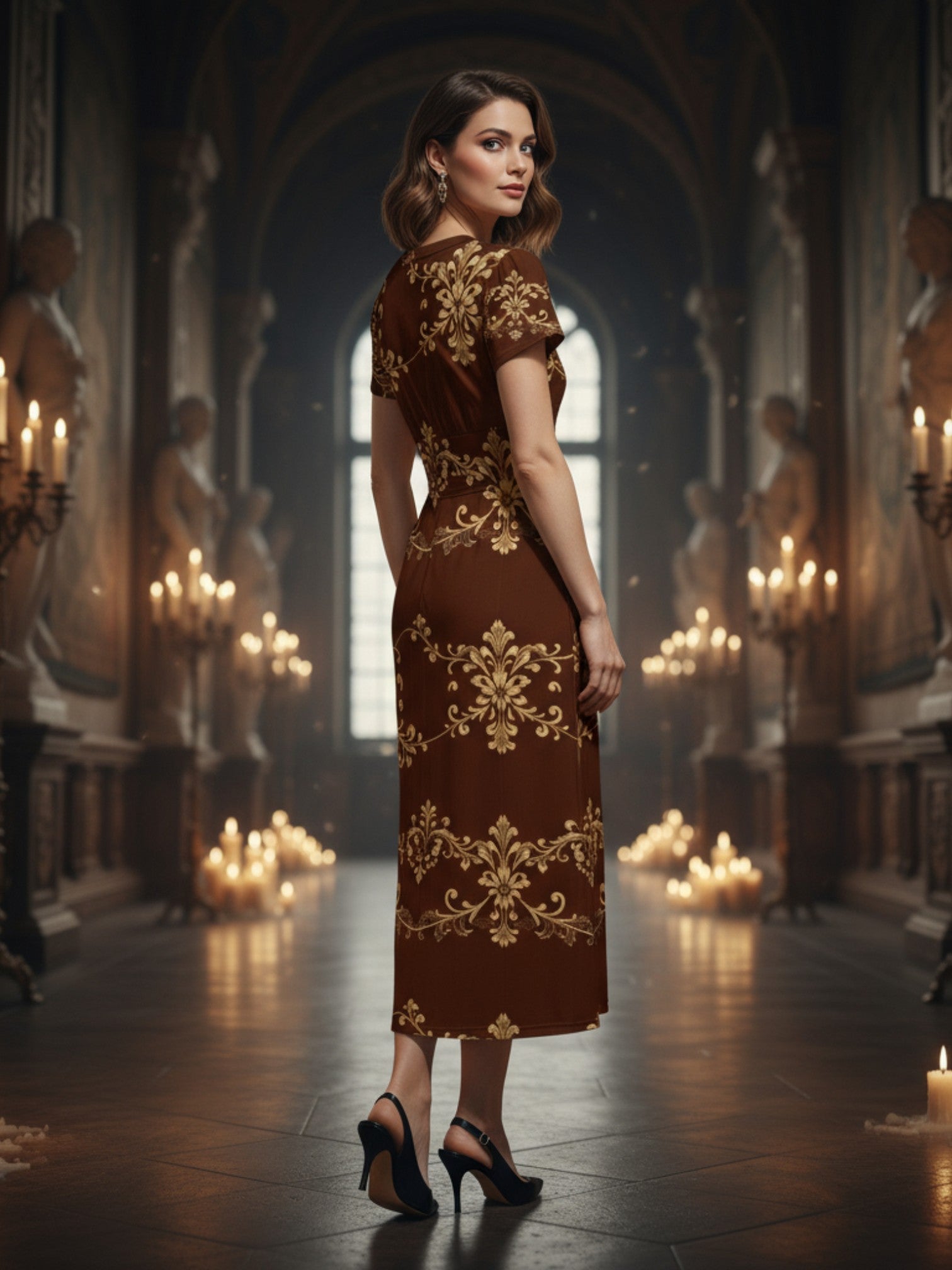 Elegant women's v-neck midi dress in brown with gold floral patterns worn by model in candlelit hall