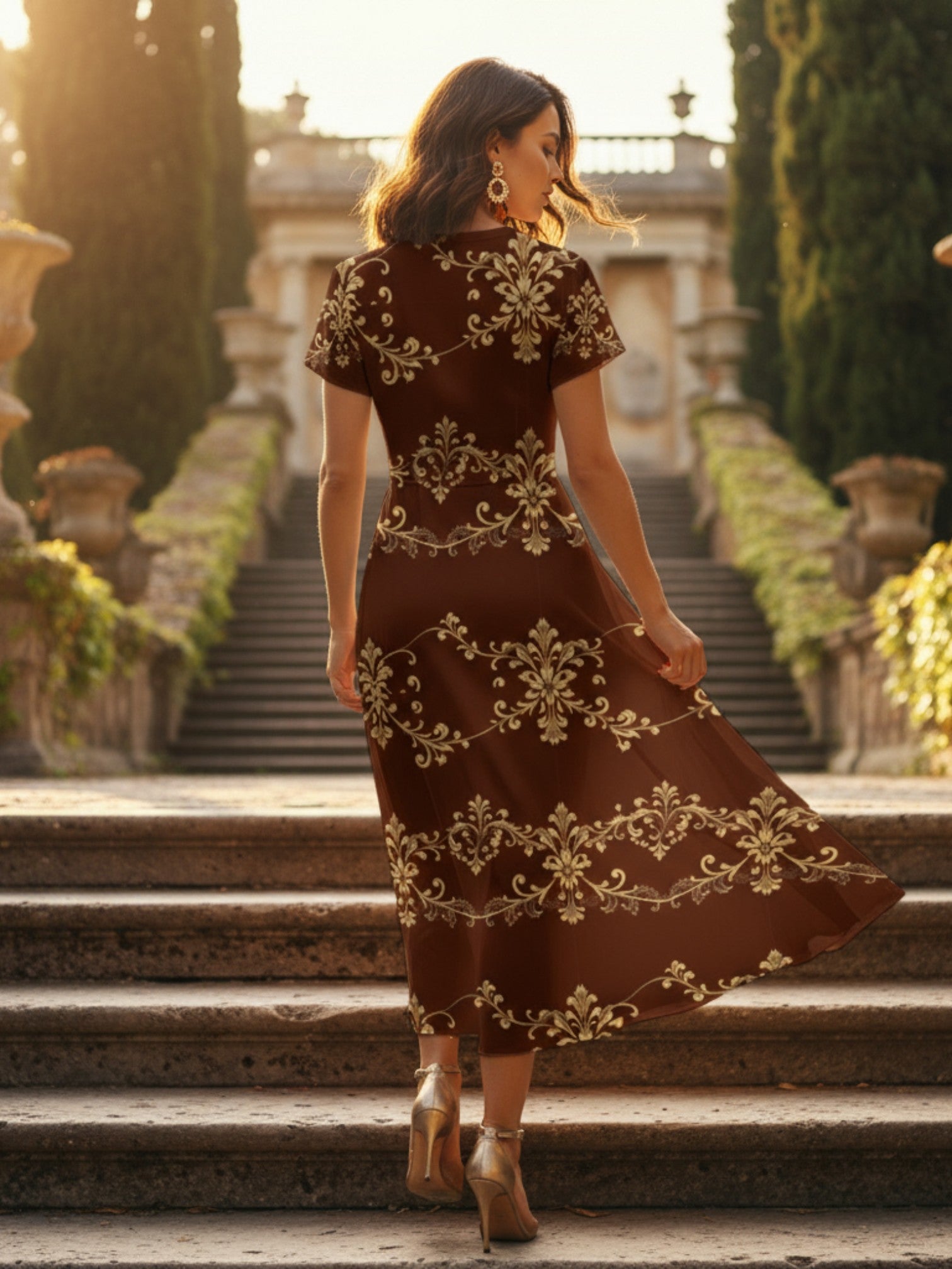 Elegant women's v-neck midi dress with gold floral pattern worn outdoors by Angelic Blessings Shop