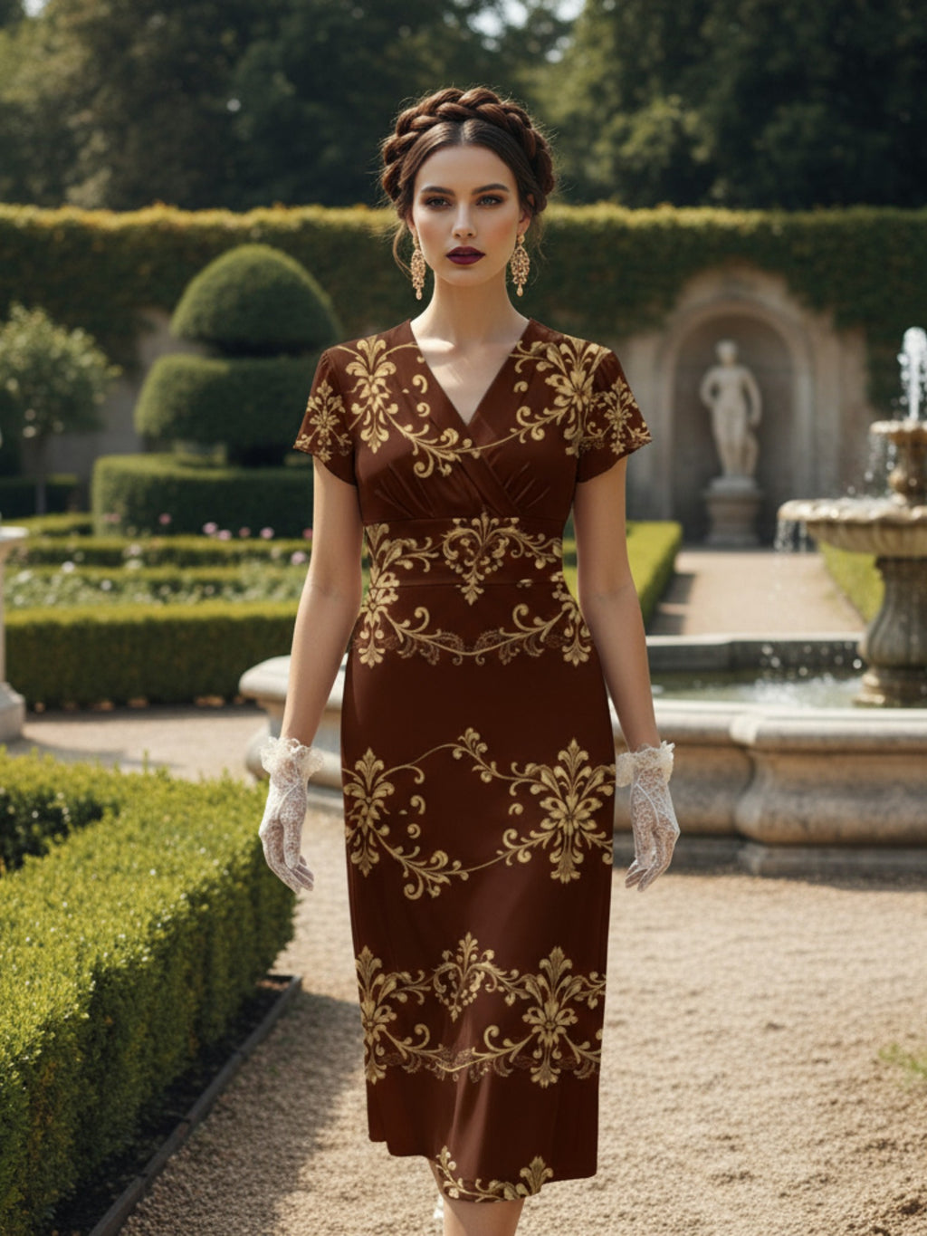 Angelic Blessings Shop elegant women's v-neck midi dress in brown with gold floral pattern and lace gloves