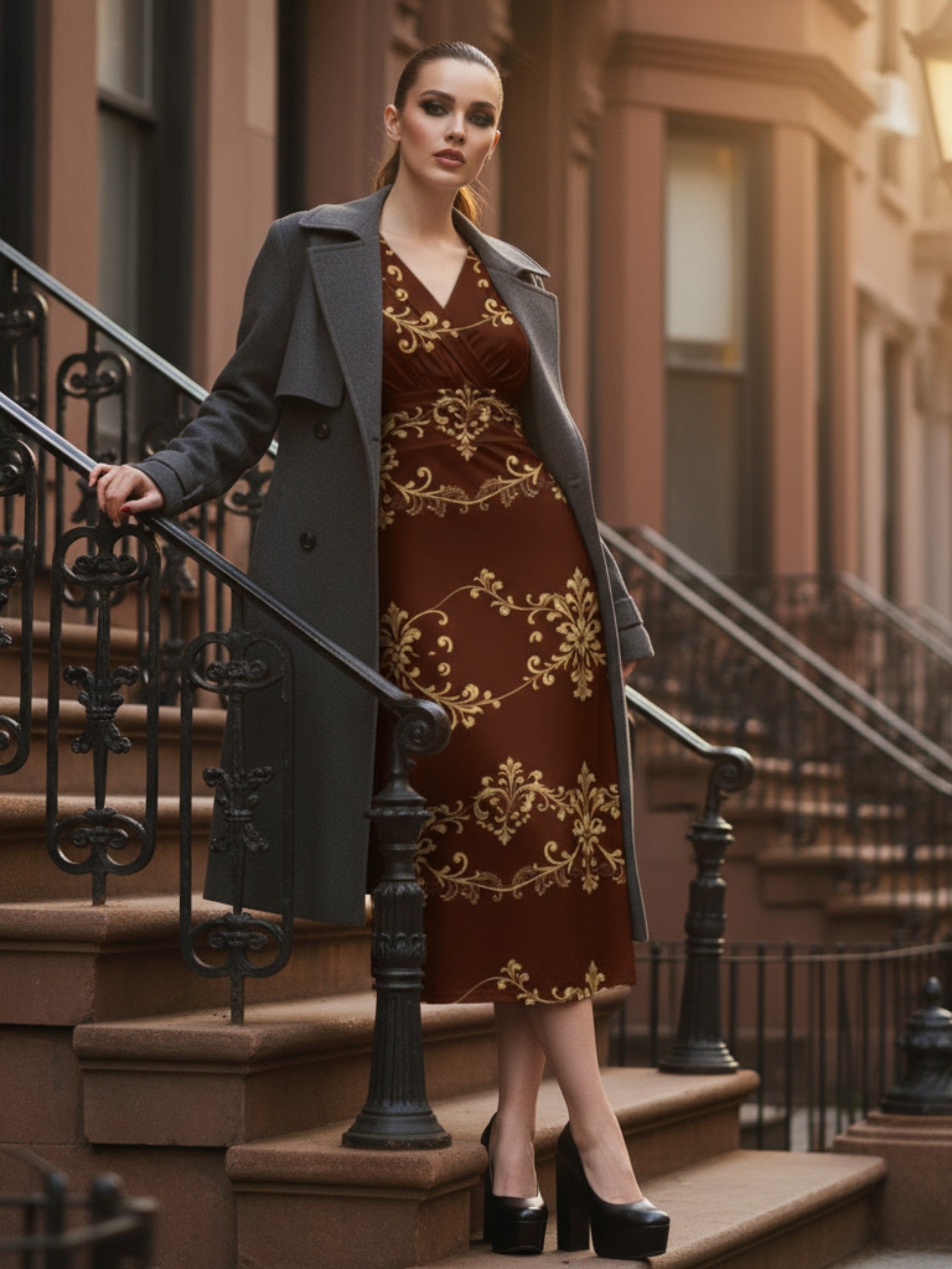 Elegant women's v-neck midi dress in brown with gold floral patterns styled with a gray coat on a city staircase