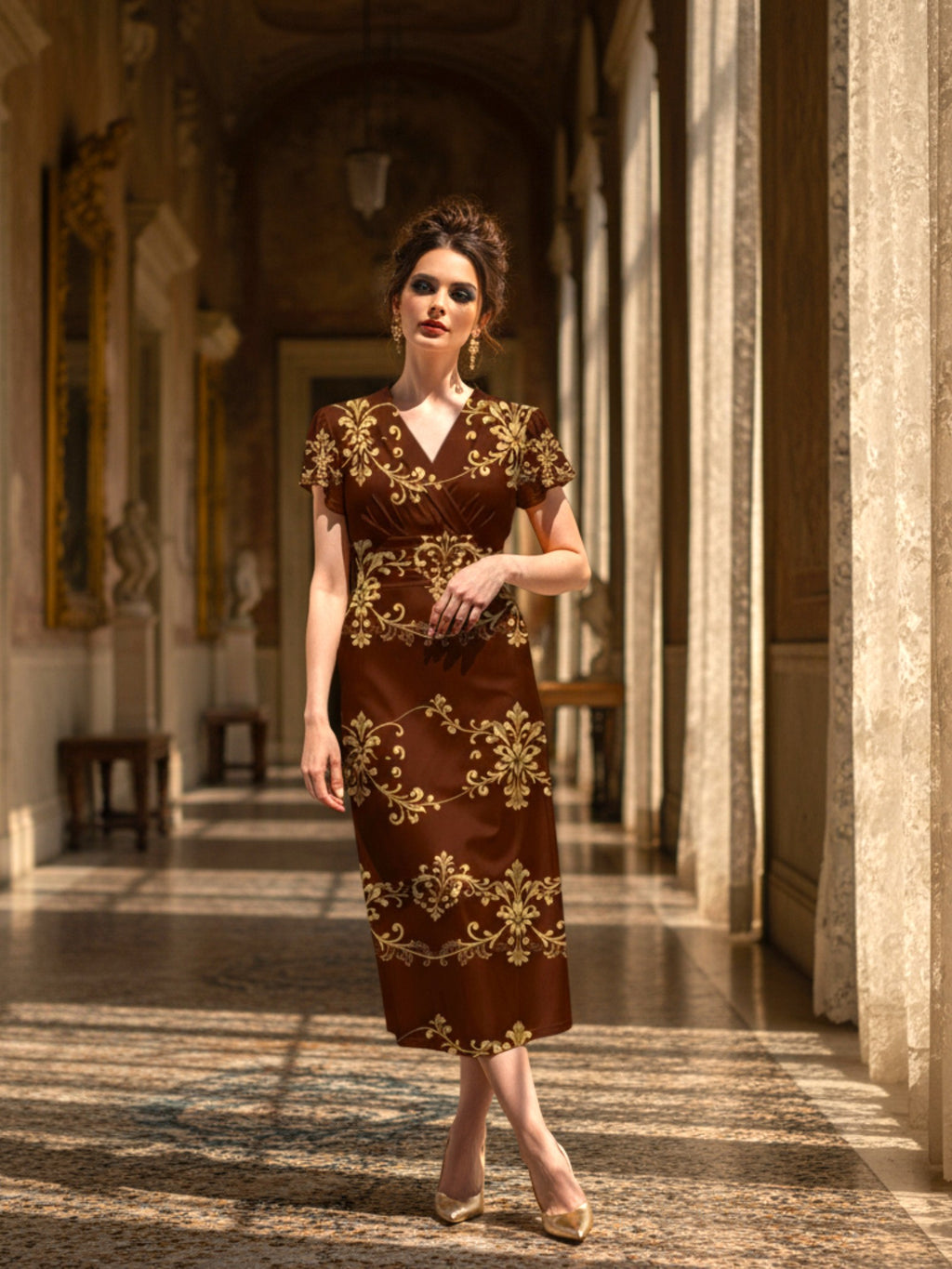 Angelic Blessings Shop elegant women's v-neck midi dress in brown with gold floral embroidery