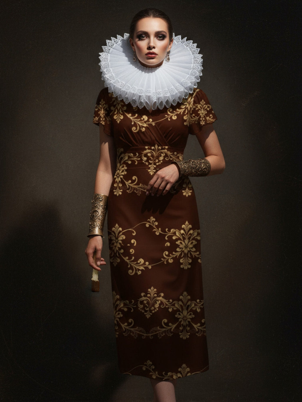 Angelic Blessings Shop elegant women's v-neck midi dress with gold floral pattern on brown fabric