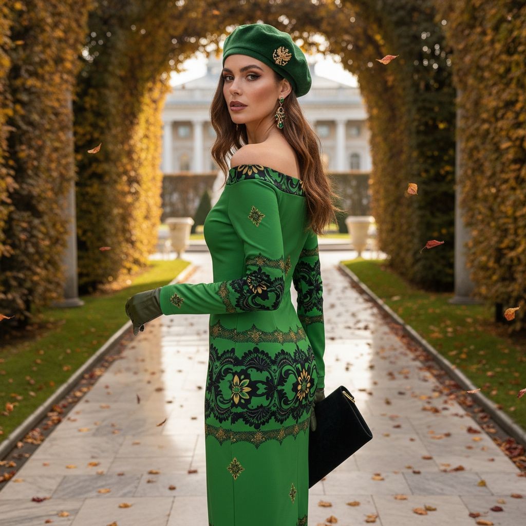 Model wearing Emerald Braemar Women’s Off-The-Shoulder Long Sleeve Midi Bodycon Dress XS–6XL in green with patterned details