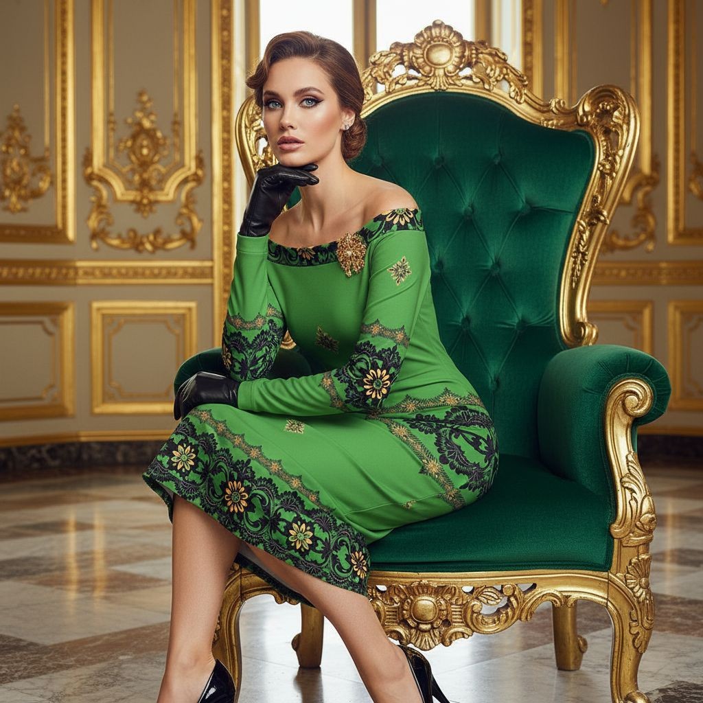 Elegant woman wearing Emerald Braemar Women’s Off-The-Shoulder Long Sleeve Midi Bodycon Dress XS–6XL seated on ornate green and gold chair