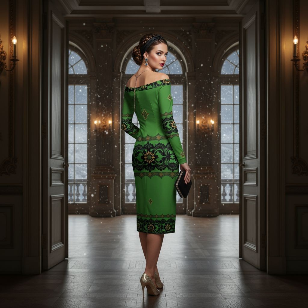 Model wearing Emerald Braemar Women’s Off-The-Shoulder Long Sleeve Midi Bodycon Dress XS–6XL in elegant room