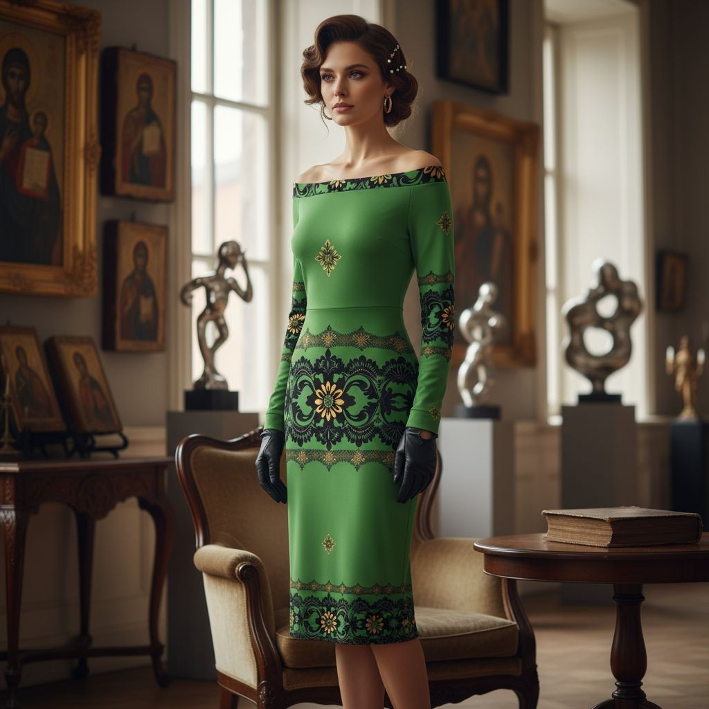 Model wearing Emerald Braemar Women’s Off-The-Shoulder Long Sleeve Midi Bodycon Dress XS–6XL in elegant vintage room